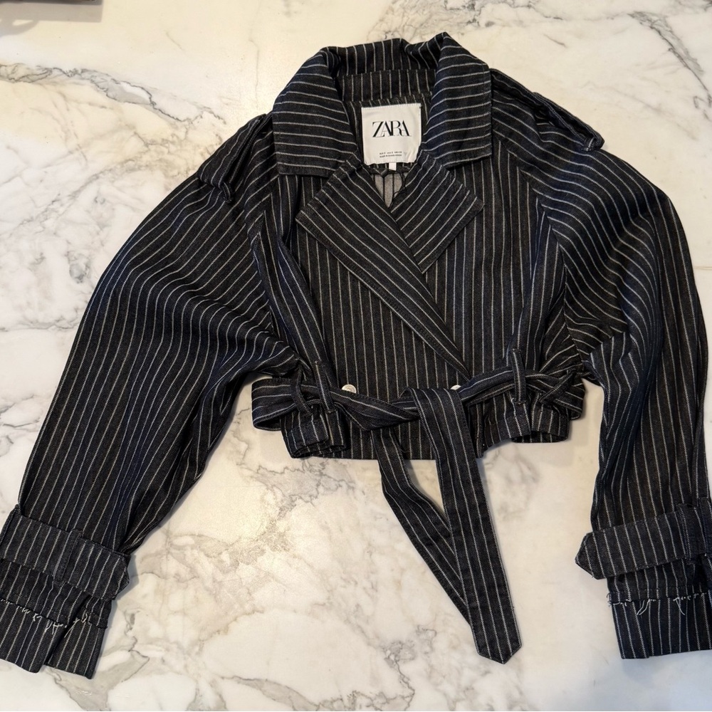 Zara Black and White Striped Jean Jacket